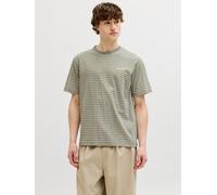 Rundhalsshirt JACK & JONES "JJDEVIN DAYTONA STRIPED TEE SS CREW NECK", Herren, Gr. M, vetiver stripes:hellweiß, Jersey, Obermaterial: 100% Baumwolle, gestreift, relaxed fit normal, Rundhals, Shirts Ru