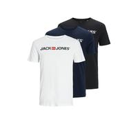 Rundhalsshirt JACK & JONES "JJECORP im 3er Pack mit Print und Rundhalsausschnitt", Herren, Gr. M, blau (weiß, schwarz, navy), Single Jersey, Obermaterial: 100% Baumwolle, unifarben, normal normal, Run