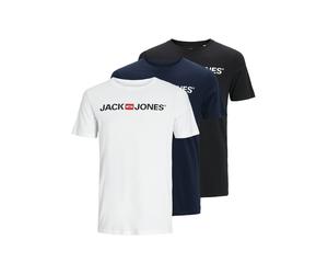 Rundhalsshirt JACK & JONES "JJECORP im 3er Pack mit Print und Rundhalsausschnitt", Herren, Gr. M, blau (weiß, schwarz, navy), Single Jersey, Obermaterial: 100% Baumwolle, unifarben, normal normal, Run