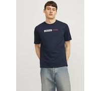 Rundhalsshirt JACK & JONES "JJECORP LOGO TEE PLAY SS O-NECK NOOS", Herren, Gr. L, blau (navy blazer print:play 5), Single Jersey, Obermaterial: 100% Baumwolle, bedruckt, normal normal, Rundhals, Shirt