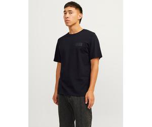 Rundhalsshirt JACK & JONES "JJECORP mit Logo-Print und klassischem Rundhals", Herren, Gr. L, schwarz (schwarz detail:small print, schwarz), Single Jersey, Obermaterial: 100% Baumwolle, bedruckt, regul