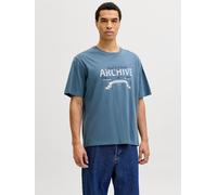 Rundhalsshirt JACK & JONES "JJEDOVER DENIM TEE SS O-NECK SN", Damen, Gr. M, blau mirage, Jersey, Obermaterial: 100% Baumwolle, bedruckt, Rundhals, Shirts Rundhalsshirt, mit Logobranding (93565014-M) b
