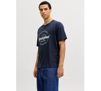 Rundhalsshirt JACK & JONES "JJEDOVER DENIM TEE SS O-NECK SN", Jungen, Gr. S, blau (navy blazer), Jersey, Obermaterial: 100% Baumwolle, bedruckt, Rundhals, Shirts Rundhalsshirt, mit Logobranding (47350
