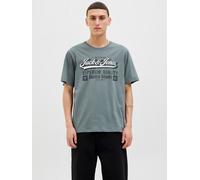 Rundhalsshirt JACK & JONES "JJELOGO TEE SS O-NECK 2 COL AW25 SN", Herren, Gr. S, grau (stormy weather), Jersey, Obermaterial: 100% Baumwolle, bedruckt, regular fit normal, Rundhals, Shirts Rundhalsshi