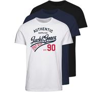 Rundhalsshirt JACK & JONES "JJETHAN TEE SS CREW NECK 3PK MP NOOS", Damen, Gr. M, blau (schwarz, navy, weiß), Single Jersey, Obermaterial: 100% Baumwolle, unifarben, normal normal, Rundhals, Shirts Run