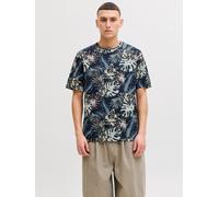 Rundhalsshirt JACK & JONES "JJHONOLULU AOP TEE SS CREW NECK", Damen, Gr. L, navy blazer, Jersey, Obermaterial: 100% Baumwolle, bedruckt, regular fit normal, Rundhals, Shirts Rundhalsshirt, Baumwolle,