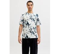 Rundhalsshirt JACK & JONES "JJHONOLULU AOP TEE SS CREW NECK", Herren, Gr. M, cloud dancer, Jersey, Obermaterial: 100% Baumwolle, bedruckt, regular fit normal, Rundhals, Shirts Rundhalsshirt, Baumwolle
