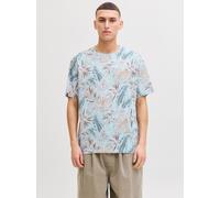 Rundhalsshirt JACK & JONES "JJHONOLULU AOP TEE SS CREW NECK", Herren, Gr. XL, celestial blau, Jersey, Obermaterial: 100% Baumwolle, bedruckt, regular fit normal, Rundhals, Shirts Rundhalsshirt, Baumwo