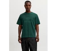 Rundhalsshirt JACK & JONES "JORFREDERIKSBERG MONOGRAM TEE SS CN SN", Herren, Gr. L, grün (pine grove), Jersey, Obermaterial: 100% Baumwolle, bedruckt, relaxed fit normal, Rundhals, gerader Abschluss, 