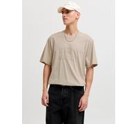 Rundhalsshirt JACK & JONES "JORFREDERIKSBERG MONOGRAM TEE SS CN SN", Herren, Gr. S, beige (feather gray), Jersey, Obermaterial: 100% Baumwolle, bedruckt, relaxed fit normal, Rundhals, gerader Abschlus