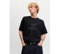 Rundhalsshirt JACK & JONES "JORFREDERIKSBERG MONOGRAM TEE SS CN SN", Herren, Gr. XL, schwarz, Jersey, Obermaterial: 100% Baumwolle, bedruckt, relaxed fit normal, Rundhals, gerader Abschluss, Shirts Ru