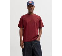 Rundhalsshirt JACK & JONES "JORNORREBRO EMB TEE SS CREW NECK NOOS", Herren, Gr. M, cabernet, Jersey, Obermaterial: 100% Baumwolle, bedruckt, relaxed fit normal, Rundhals, gerader Abschluss, Shirts Run