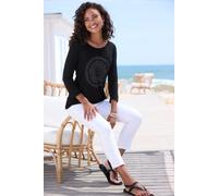 Rundhalsshirt LASCANA, Damen, Gr. 32/34, blau (schwarz), Slub, Obermaterial: 100% Viskose, bedruckt, glänzend, figurumspielend hüftlang, Rundhals, Shirts Rundhalsshirt, mit glänzendem Print (69646155-