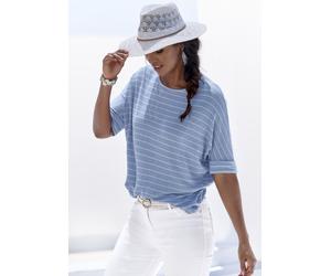 Rundhalsshirt LASCANA "mit breitem Ärmelumschlag", Damen, Gr. 32/34, blau (blau gestreift), Feinstrick;Jersey, Obermaterial: 54% Viskose (LENZING™ ECOVERO™), 41% Polyester, 5% Elasthan, gestreift, läs