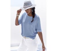 Rundhalsshirt LASCANA "mit breitem Ärmelumschlag", Damen, Gr. 32/34, blau (blau gestreift), Feinstrick, Obermaterial: 54% Viskose (LENZING™ ECOVERO™), 41% Polyester, 5% Elasthan, gestreift, Basic, läs