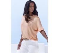 Rundhalsshirt LASCANA "mit breitem Ärmelumschlag", Damen, Gr. 36/38, orange (peach gestreift), Feinstrick, Obermaterial: 54% Viskose (LENZING™ ECOVERO™), 41% Polyester, 5% Elasthan, gestreift, Basic,