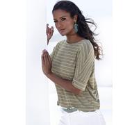 Rundhalsshirt LASCANA "mit breitem Ärmelumschlag", Damen, Gr. 44/46, grün (khaki gestreift), Feinstrick, Obermaterial: 54% Viskose (LENZING™ ECOVERO™), 41% Polyester, 5% Elasthan, gestreift, Basic, lä