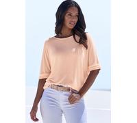 Rundhalsshirt LASCANA "mit breitem Ärmelumschlag", Damen, Gr. 44/46, orange (peach), Feinstrick, Obermaterial: 50% Viskose (LENZING™ ECOVERO™), 46% Polyester, 4% Elasthan, unifarben, Basic, lässig ges