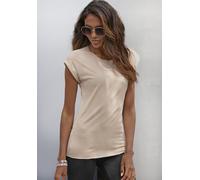 Rundhalsshirt LASCANA "mit eleganten Glitzerabschlüssen", Damen, Gr. 40/42, beige, Single Jersey, Obermaterial: 63% Polyester (REPREVE), 33% Viskose, 4% Elasthan, unifarben, bequem normal, Rundhals, m