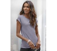 Rundhalsshirt LASCANA "mit eleganten Glitzerabschlüssen", Damen, Gr. 44/46, lila (flieder), Single Jersey, Obermaterial: 63% Polyester (REPREVE), 33% Viskose, 4% Elasthan, unifarben, feminin, bequem n