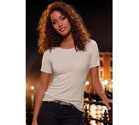 Rundhalsshirt LASCANA "mit feiner Glitzereinfassung", Damen, Gr. 32/34, beige (sand), Feinstrick, Obermaterial: 61% Polyester (REPREVE), 36% Viskose, 3% Elasthan, Glanzfaden, unifarben, bequem, tiefer