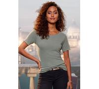 Rundhalsshirt LASCANA "mit feiner Glitzereinfassung", Damen, Gr. 32/34, grün (lindgrün), Feinstrick, Obermaterial: 61% Polyester (REPREVE), 36% Viskose, 3% Elasthan, unifarben, Glanzfaden, feminin, be