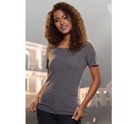 Rundhalsshirt LASCANA "mit feiner Glitzereinfassung", Damen, Gr. 36/38, schwarz (anthrazit melange), Feinstrick, Obermaterial: 62% Polyester (REPREVE), 34% Viskose, 4% Elasthan, unifarben, Glanzfaden,