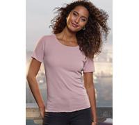 Rundhalsshirt LASCANA "mit feiner Glitzereinfassung", Damen, Gr. 40/42, rosa, Feinstrick, Obermaterial: 62% Polyester (REPREVE), 34% Viskose, 4% Elasthan, Glanzfaden, unifarben, bequem, tiefer Rundhal