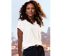 Rundhalsshirt LASCANA "mit funkelnden Pailetten", Damen, Gr. 32/34, beige (creme), Strick, Obermaterial: 98% Polyester, 2% Elasthan, Glitzermuster, leicht durchscheinend, bequem, Rundhals, Shirts Rund