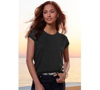 Rundhalsshirt LASCANA "mit funkelnden Pailetten", Damen, Gr. 40/42, blau (schwarz), Strick, Obermaterial: 98% Polyester, 2% Elasthan, Glitzermuster, leicht durchscheinend, bequem, Rundhals, Shirts Run