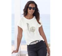 Rundhalsshirt LASCANA "mit schimmerndem Folienprint", Damen, Gr. 40/42, weiß (weiß, beige, silber), Single Jersey, Obermaterial: 95% Viskose (LENZING ECOVERO), 5% Elasthan, bedruckt, Glitzermuster, un