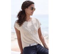 Rundhalsshirt LASCANA "mit Schriftzug aus Strasssteinen", Damen, Gr. 36/38, beige (beige meliert), Single Jersey, Obermaterial: 95% Viskose (LENZING ECOVERO), 5% Elasthan, Glitzermuster, unifarben mit