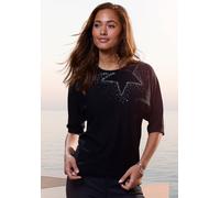 Rundhalsshirt LASCANA "mit Sternendesign aus funkelnden Pailletten", Damen, Gr. 36/38, schwarz, Strick, Obermaterial: 80% Viskose (LENZING™ ECOVERO™), 20% Nylon, Glitzermuster, bequem, Rundhals, Shirt