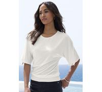 Rundhalsshirt LASCANA "mit variabler Ärmellänge", Damen, Gr. 40/42, creme, Single Jersey, Obermaterial: 95% Viskose (LENZING™ ECOVERO™), 5% Elasthan, unifarben, bequem, Rundhals, verstellbar, Shirts, 