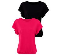 Rundhalsshirt LASCANA "mit Volantärmeln", Damen, Gr. 44/46, rot (rot, schwarz), Single Jersey, Obermaterial: 65% Polyester (REPREVE), 35% Viskose, unifarben, figurumspielend normal, Rundhals, Shirts R