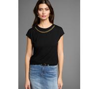 Rundhalsshirt LAURA SCOTT, Damen, Gr. 32/34, schwarz, Jersey, Obermaterial: 95% Viskose, 5% Elasthan, unifarben, figurumspielend hüftlang, Rundhals, Shirts Rundhalsshirt, mit goldfarbener Zierkette (8
