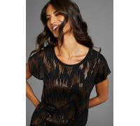 Rundhalsshirt LAURA SCOTT, Damen, Gr. 32/34, schwarz (schwarz, gold), Single Jersey, Obermaterial: 95% Viskose, 5% Elasthan, bedruckt, metallic, unifarben, figurumspielend hüftbedeckend, Rundhals, ang