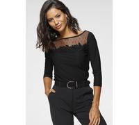 Rundhalsshirt LAURA SCOTT, Damen, Gr. 38, schwarz, Single Jersey, Obermaterial: 95% Polyester, 5% Elasthan. Netzmaterial: 95% Polyamid, 5% Elasthan, Mesh, transparent, unifarben, figurbetont hüftbedec