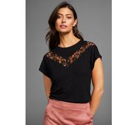 Rundhalsshirt LAURA SCOTT, Damen, Gr. 48, schwarz, Single Jersey, Obermaterial: 95% Viskose, 5% Elasthan. Spitze: 100% Polyester, unifarben, figurumspielend hüftlang, Rundhals, angeschnitten, Shirts R