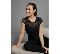 Rundhalsshirt MELROSE, Damen, Gr. 36, schwarz, Jersey, Obermaterial: 95% Viskose, 5% Elasthan. Einsatz: 95% Polyester, 5% Elasthan, figurbetont hüftlang, Rundhals, Shirts Rundhalsshirt, Kurzarm, sehr 