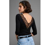 Rundhalsshirt MELROSE, Damen, Gr. 42, schwarz, Jersey, Obermaterial: 95% Viskose, 5% Elasthan. Spitze: 100% Polyester, clean, unifarben, tailliert hüftlang, Rundhals, Shirts Rundhalsshirt, 3/4-Ärmel,