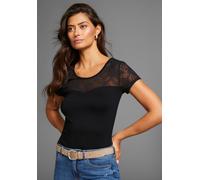 Rundhalsshirt MELROSE, Damen, Gr. 42, schwarz, Jersey, Obermaterial: 95% Viskose, 5% Elasthan. Spitze: 95% Polyester, 5% Elasthan, unifarben, tailliert hüftlang, Rundhals, Shirts Rundhalsshirt, Kurzar