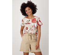 Rundhalsshirt MONARI, Damen, Gr. 36, beige (rot beige gemustert), Web, Obermaterial: 50% Baumwolle, 50% Modal, bedruckt, gemustert, mehrfarbig, regular fit normal, Rundhals, eingesetzt abgesteppte Kan