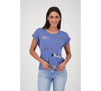 Rundhalsshirt MONARI "Shirt Basic Schmuckschrift", Damen, Gr. 40, blau (denim blau), Web, Obermaterial: 50% Baumwolle, 50% Modal, bedruckt, unifarben, regular fit normal, Rundhals, eingesetzt Aufschla