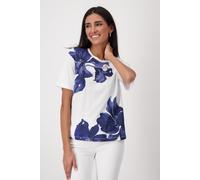 Rundhalsshirt MONARI "Shirt Blumen plaziert", Damen, Gr. 36, blau (navy blau), Web, Obermaterial: 50% Baumwolle, 50% Modal, geblümt, gemustert, mehrfarbig, regular fit normal, Rundhals, eingesetzt abg