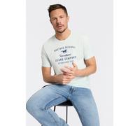 Rundhalsshirt MUSTANG "Alex Logoprint uni", Damen, Gr. XXL, skylight, Jersey, Obermaterial: 100% Baumwolle, bedruckt, normal hüftbedeckend, Rundhals, Shirts Rundhalsshirt, mit Logoprint auf der Brust