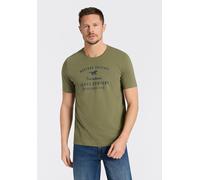 Rundhalsshirt MUSTANG "Alex Logoprint uni", Herren, Gr. XL, grün (four leaf clover), Jersey, Obermaterial: 100% Baumwolle, bedruckt, normal hüftbedeckend, Rundhals, Shirts Rundhalsshirt, normale Passf