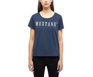 Rundhalsshirt MUSTANG "ALMA", Damen, Gr. L, blau (schwarz), Jersey, Obermaterial: 100% Baumwolle, bedruckt, regular fit normal, Rundhals, Shirts Rundhalsshirt, mit Logo Print (35557758-L) schwarz