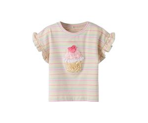 Rundhalsshirt NAME IT "NMFJOTRUM SS NREG TOP BOX", Mädchen, Gr. 104, almond milk, Jersey, Obermaterial: 95% Baumwolle, 5% Elasthan, gemustert, gestreift, regular fit normal, Rundhals, Shirts Rundhalss