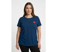 Rundhalsshirt ONLY CARMAKOMA "CARANITA LIFE S/S O-NECK REG TOP JRS", Damen, Gr. S, blau (navy peony detail:solidunkel detail emb. heart poinsettia), Jersey, Obermaterial: 100% Baumwolle, bedruckt, uni